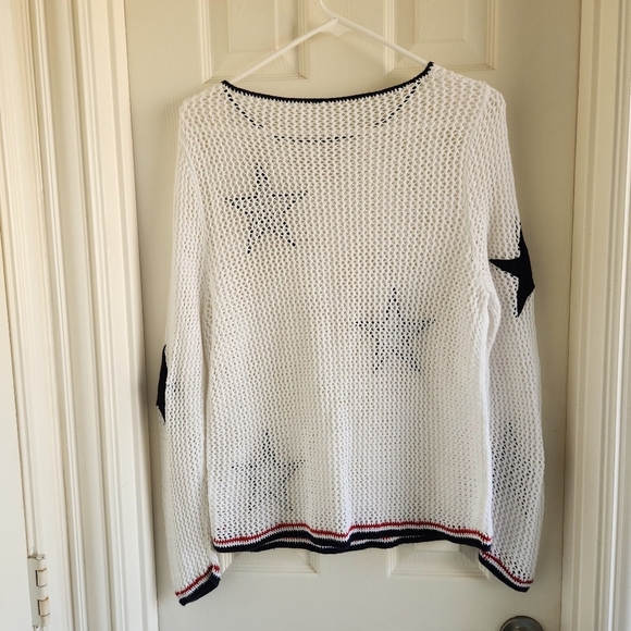 Crochet Open White Knit Blue Star Patchwork Long Sleeve Cover Up Top - Picture 2 of 8